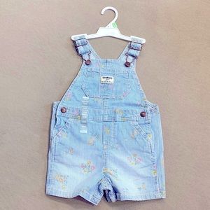 New OshKosh B'Gosh Girls Denim Jean Overalls Summer Floral Shorts Size 18 Months